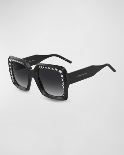 Shop Carolina Herrera Embellished Beveled Acetate Square Sunglasses In Black