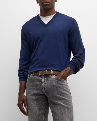 Shop Brunello Cucinelli Men's V-neck Wool-cashmere Sweater In Blue