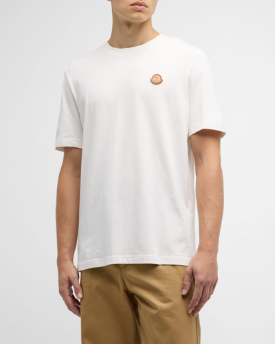 Shop Moncler Men's T-shirt With Leather Logo Patch In Natural