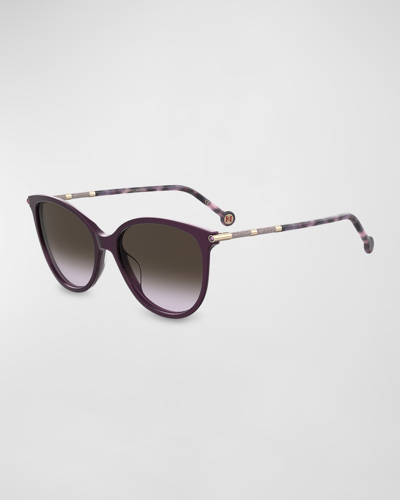 Shop Carolina Herrera Shimmery Embellished Acetate & Metal Cat-eye Sunglasses In Plum Gold