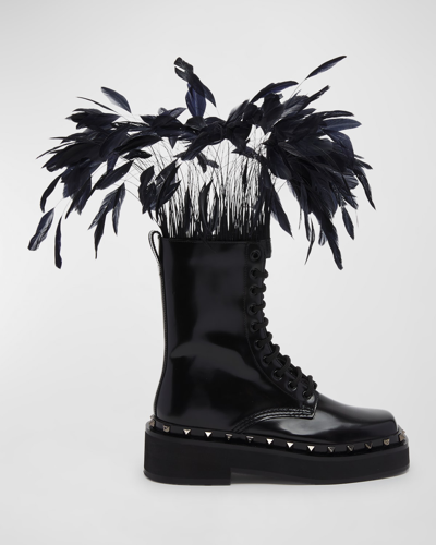 Shop Valentino Rockstud Patent Leather Combat Boots With Feathers In 0no Nero