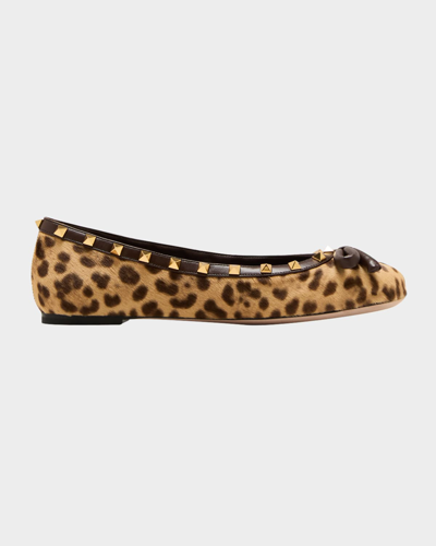 Shop Valentino Rockstud Leopard Bow Ballerina Flats In Mqu Leopard/fonda