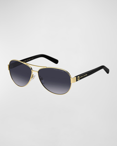 Shop Marc Jacobs Logo Acetate & Metal Aviator Sunglasses In Gold Blck