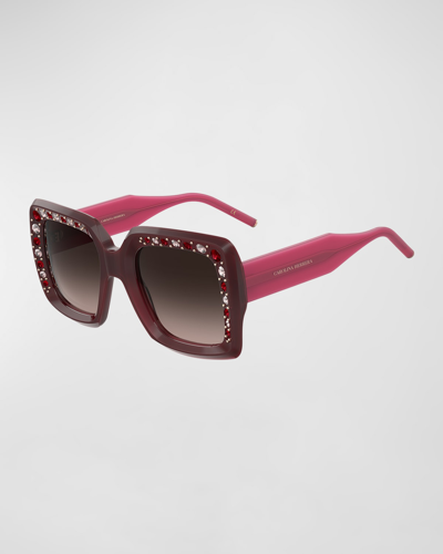 Shop Carolina Herrera Embellished Beveled Acetate Square Sunglasses In Burgupink