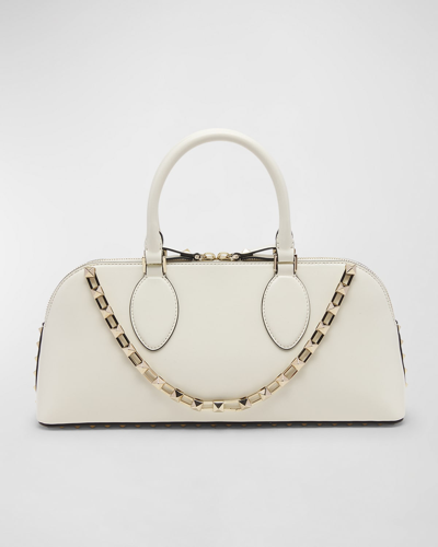 Shop Valentino Rockstud Glossy Leather Top-handle Bag In Ivory