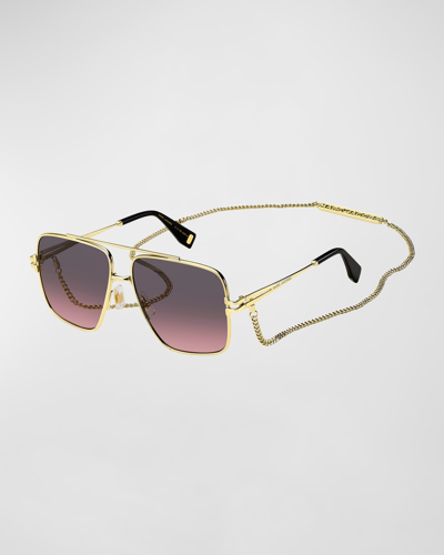 Shop Marc Jacobs Chain Metal & Plastic Aviator Sunglasses In Gold Blck