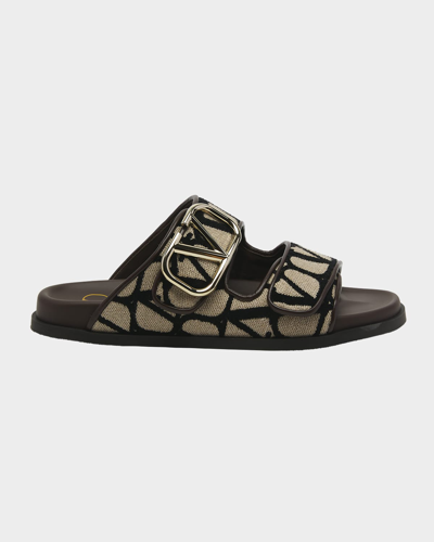 Shop Valentino Toile Iconograph Double-strap V-logo Slide Sandals In 6zn Naturale/nero