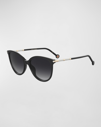 Shop Carolina Herrera Shimmery Embellished Acetate & Metal Cat-eye Sunglasses In Blk Gold