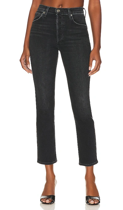 Shop Agolde Riley Long High Rise Straight In Black