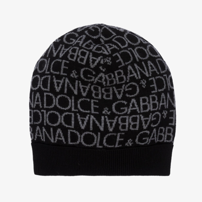 Shop Dolce & Gabbana Boys Black & Grey Knitted Wool Beanie Hat