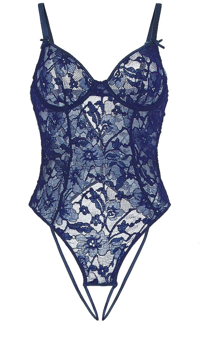 Shop Fleur Du Mal Magnolia Ouvert Bodysuit In Nighttime Blue