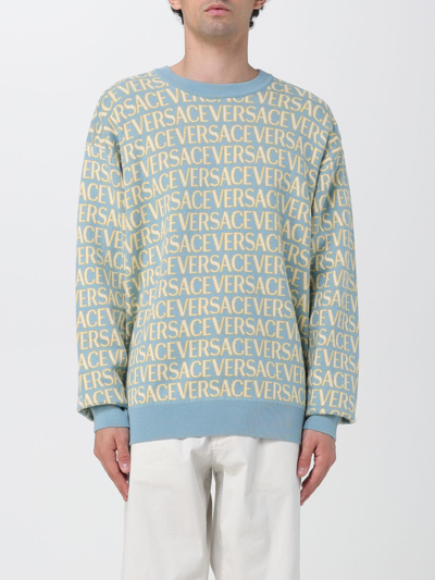 Shop Versace Cotton Sweater With All-over Logo In Blue