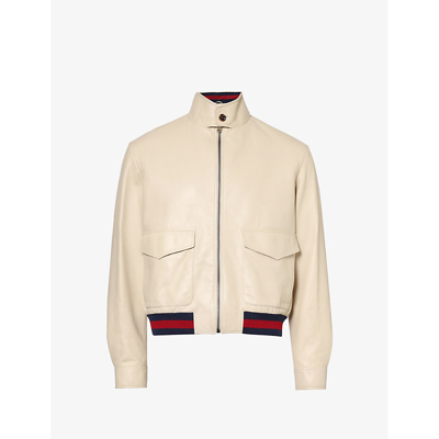 Shop Gucci Men's Beige Blue Red Stand-collar Striped-hem Leather Jacket