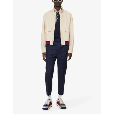 Shop Gucci Men's Beige Blue Red Stand-collar Striped-hem Leather Jacket