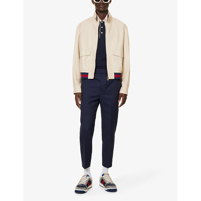 Gucci Web-stripe Leather Jacket In Beige Blue Red