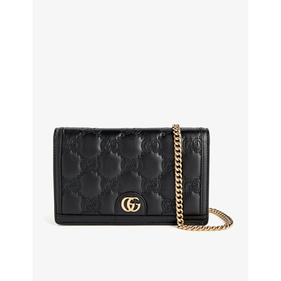 Shop Gucci Black Matelassé Leather Wallet-on-chain