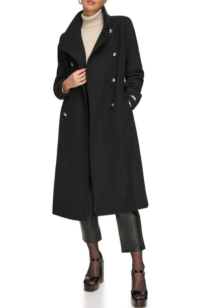 Shop Dkny Double Breasted Wool Blend Coat In Black