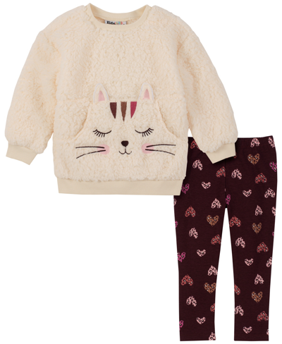 Shop Kids Headquarters Baby Girls Sherpa Kitty Crew-neck Tunic Pullover And Printed Leggings, 2 Piece Set In Off White