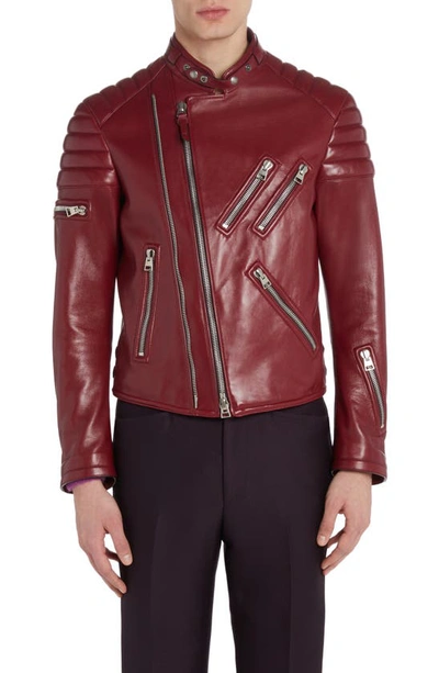 Shop Tom Ford Glossy Plongé Leather Biker Jacket In Oxblood