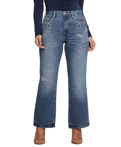 Shop Guess Women's 80s High-rise Embellished Straight-leg Jeans In Wild Heart