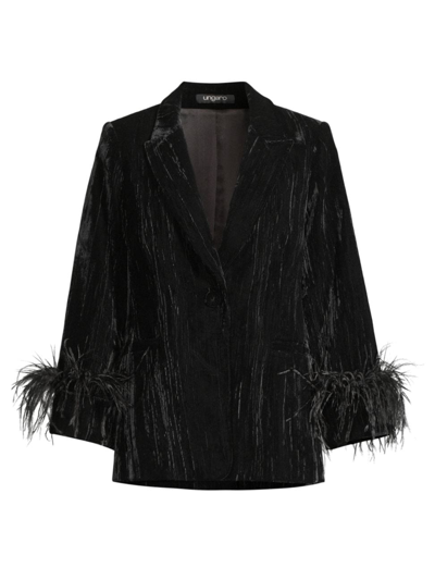 Shop Ungaro Women's Scottie Feather-trimmed Velvet Blazer In Black