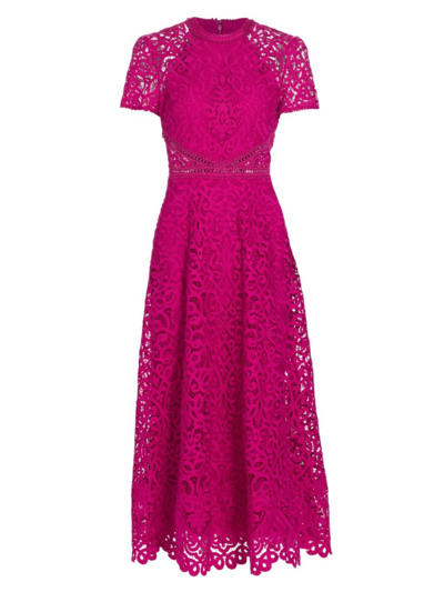 Shop ml Monique Lhuillier Women's Lace Short-sleeve A-line Midi Dress In Fuchsia