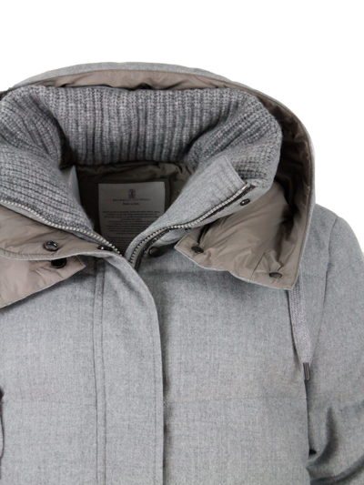 Shop Brunello Cucinelli Wool Flannel Down Jacket Padded With Real Goose Down With Detachable Hood And Knitted Collar. In Grey