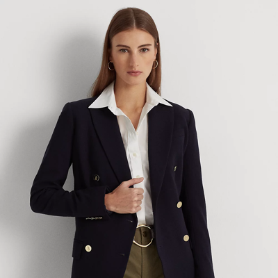 Shop Lauren Ralph Lauren Double-breasted Wool Crepe Blazer In Lauren Navy