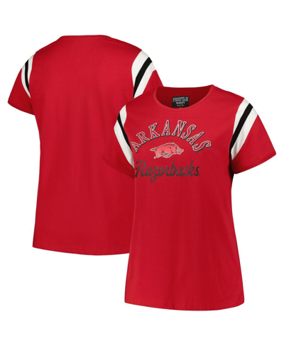 Shop Profile Women's  Cardinal Arkansas Razorbacks Plus Size Striped Tailgate Crew Neck T-shirt