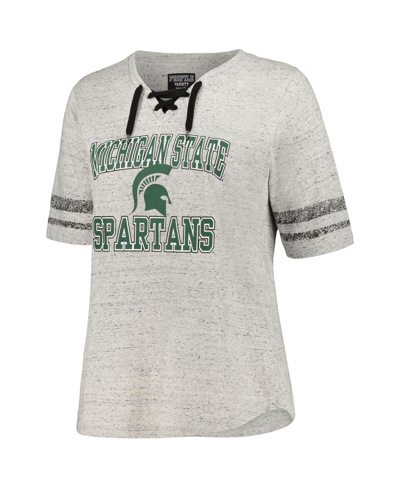 Profile Women's  Heather Gray Distressed Michigan State Spartans Plus Size Striped Lace-up T-shirt In Heather Gray