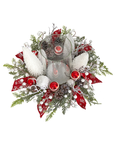 Nearly Natural Holiday Lighted Forest Candle Holder Table Christmas Artificial Arrangement, 15" In Red,white,green