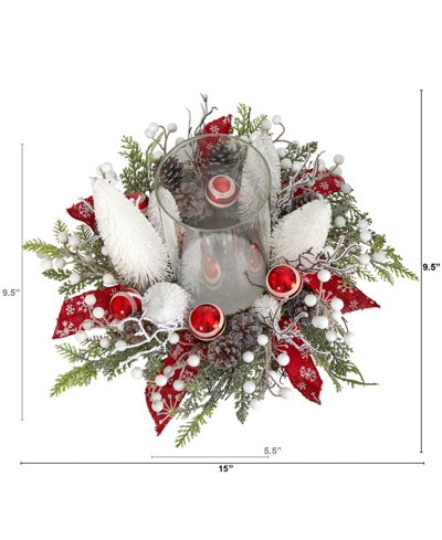 Nearly Natural Holiday Lighted Forest Candle Holder Table Christmas Artificial Arrangement, 15" In Red,white,green