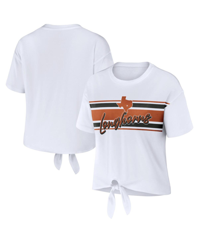 Shop Wear By Erin Andrews Women's  White Texas Longhorns Striped Front Knot Cropped T-shirt