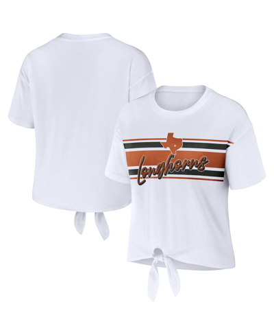 Wear By Erin Andrews White Texas Longhorns Striped Front Knot Cropped T-shirt In White