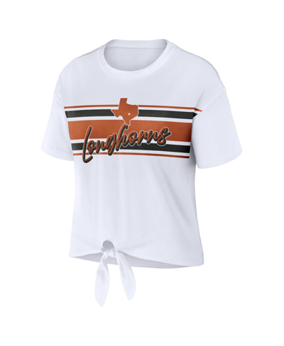 Shop Wear By Erin Andrews Women's  White Texas Longhorns Striped Front Knot Cropped T-shirt