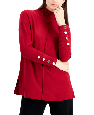 Shop Anne Klein Button-trim Mock-neck Sweater In Titian Red