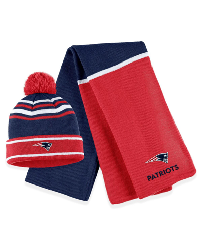 Shop Wear By Erin Andrews Women's  Red New England Patriots Colorblock Cuffed Knit Hat With Pom And Scarf