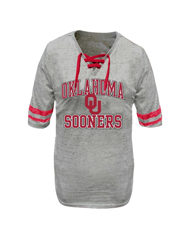 Shop Profile Women's  Heather Gray Distressed Oklahoma Sooners Plus Size Striped Lace-up T-shirt