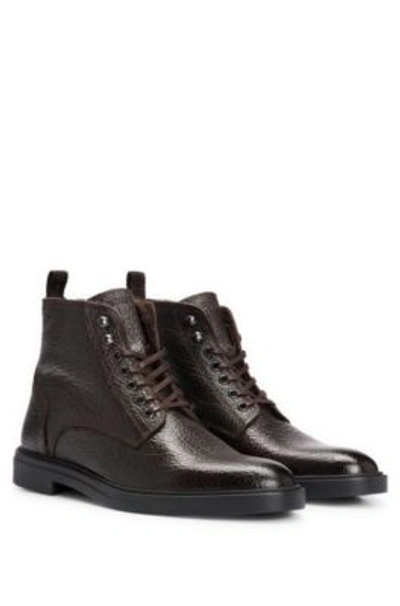 Shop Hugo Boss Lace-up Half Boots In Grained Leather With Zip In Dark Brown