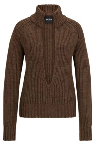 Shop Hugo Boss V-neck Sweater In A Wool And Silk Blend In Brown