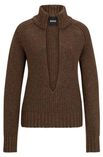 Hugo Boss V-neck Sweater In A Wool And Silk Blend In Brown
