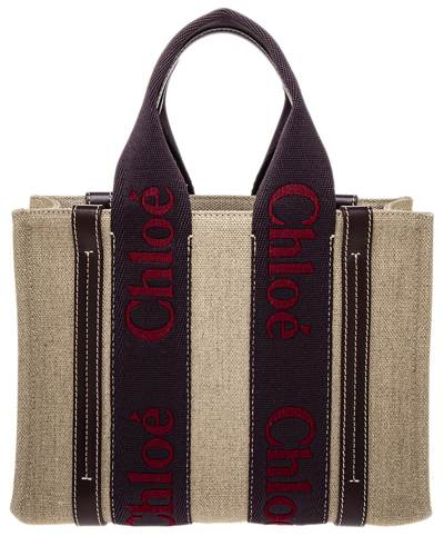 Shop Chloé Woody Small Linen & Leather Tote In Red