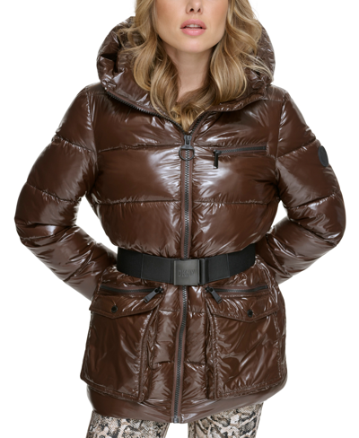 Dkny Women's Hooded Belted Quilted Coat