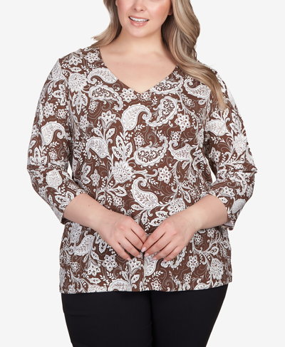 Shop Hearts Of Palm Plus Size Teal The Show Printed 3/4 Sleeve Top In Cocoa Multi