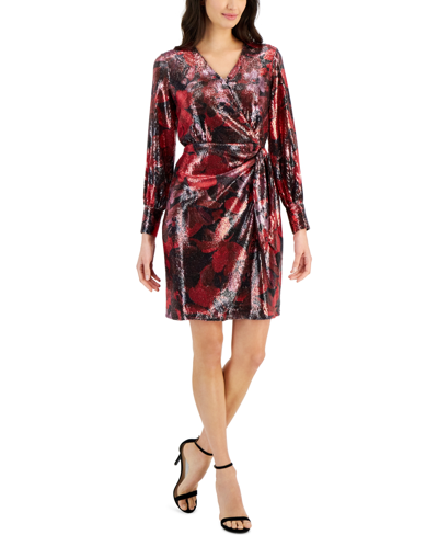 Shop Anne Klein Women's Sequined Faux-wrap Dress In Titian Red Multi