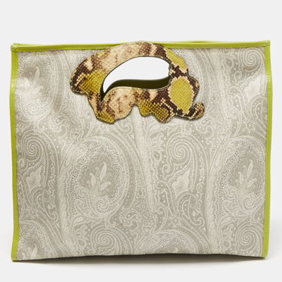Pre-owned Etro Grey/green Paisley Coated Canvas And Python Embossed Leather Detail Bag