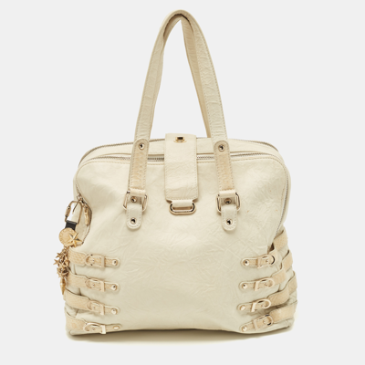 Pre-owned Jimmy Choo Off White/light Beige Distressed Leather And Snakeskin Trims Bree Satchel