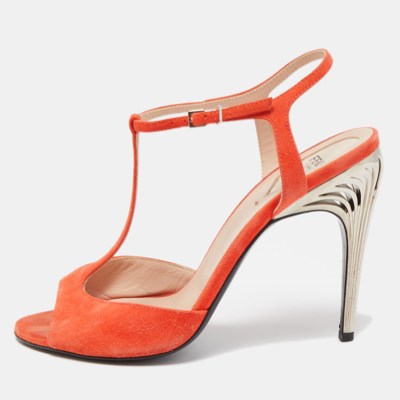 Pre-owned Fendi Orange Suede T-bar Ankle Strap Sandals Size 39