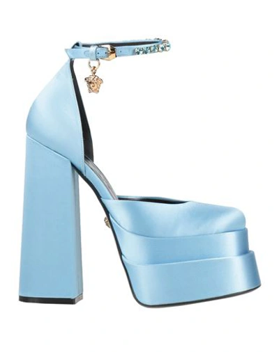 Shop Versace Woman Pumps Azure Size 8 Textile Fibers In Blue