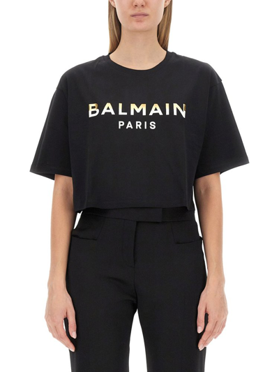 Shop Balmain Logo Printed Cropped T In Black